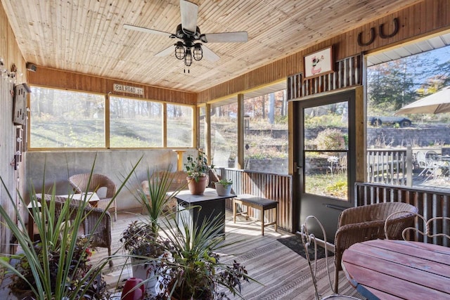 sunroom / solarium featuring a healthy amount of sunlight, ceiling fan, and wooden ceiling