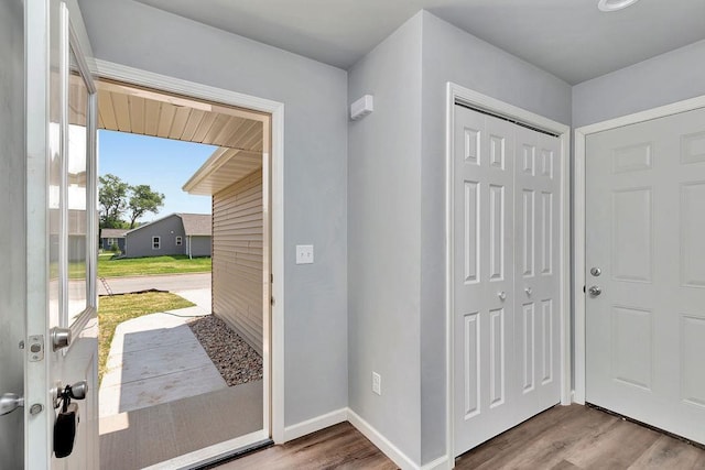 entryway with hardwood / wood-style flooring