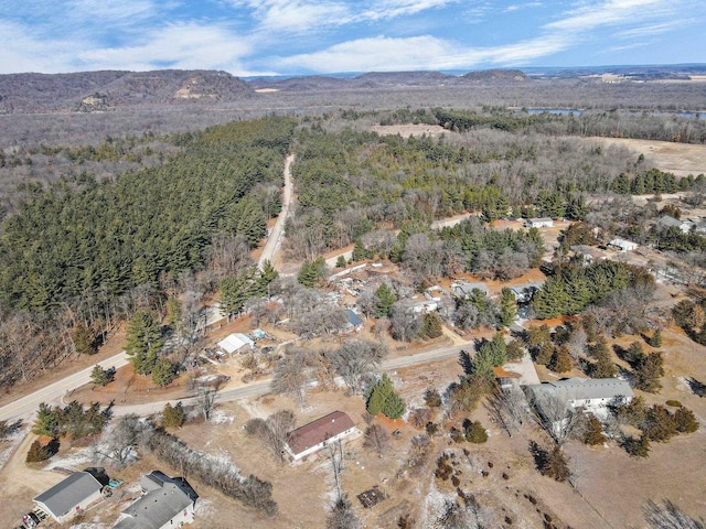 drone / aerial view with a mountain view and a view of trees