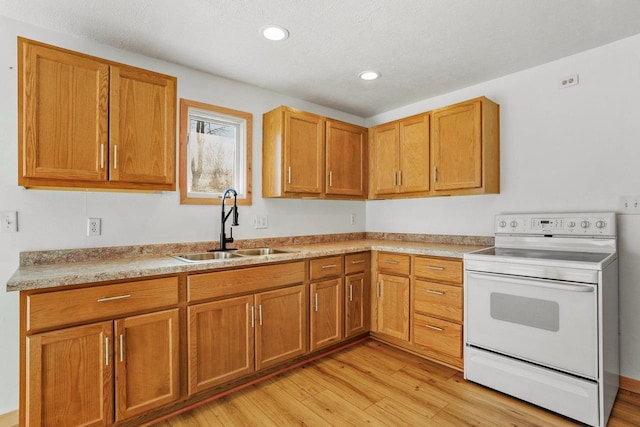 kitchen featuring electric stove, brown cabinets, light countertops, light wood-type flooring, and a sink