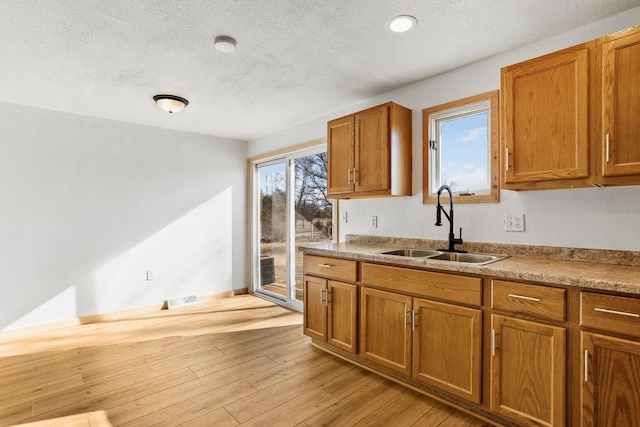 kitchen with a healthy amount of sunlight, brown cabinets, a sink, and light wood-style flooring