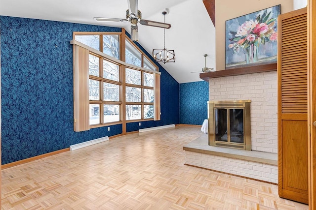 unfurnished living room with light parquet floors, a healthy amount of sunlight, a baseboard radiator, and a brick fireplace