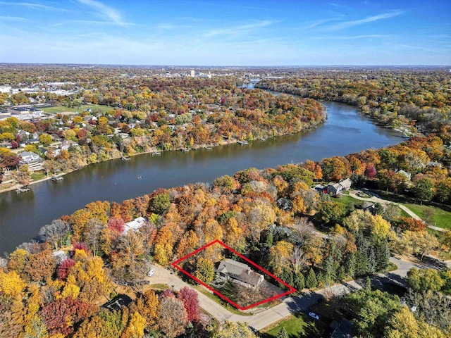 drone / aerial view featuring a water view