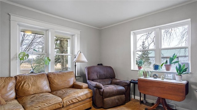 living area with tile patterned floors and crown molding