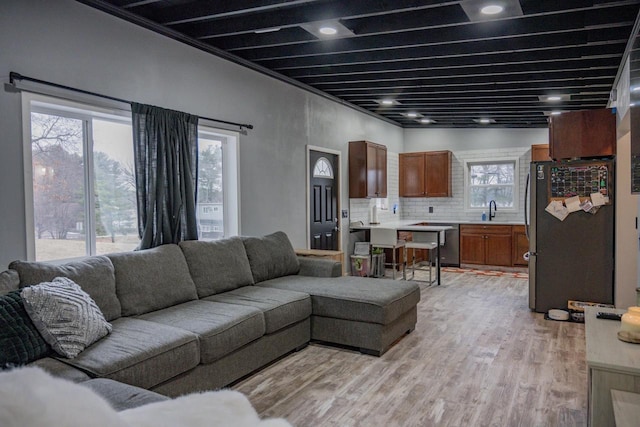 living room with sink and light hardwood / wood-style floors