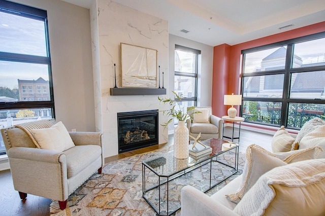 living room featuring a fireplace and light hardwood / wood-style flooring