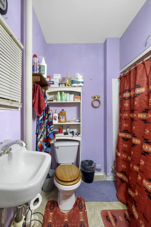 bathroom featuring a shower with curtain, toilet, and sink