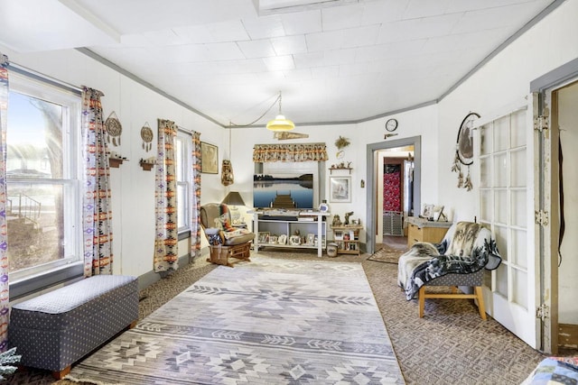 sitting room featuring a wealth of natural light, carpet floors, and ornamental molding