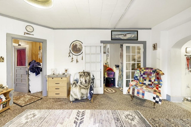 misc room featuring wood walls, carpet floors, and french doors