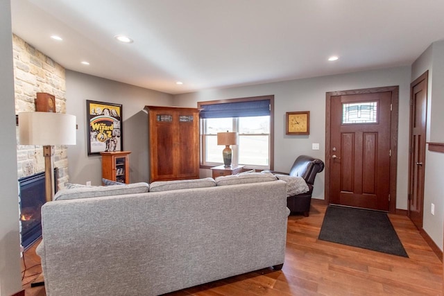 living room with a fireplace, hardwood / wood-style floors, and a wealth of natural light