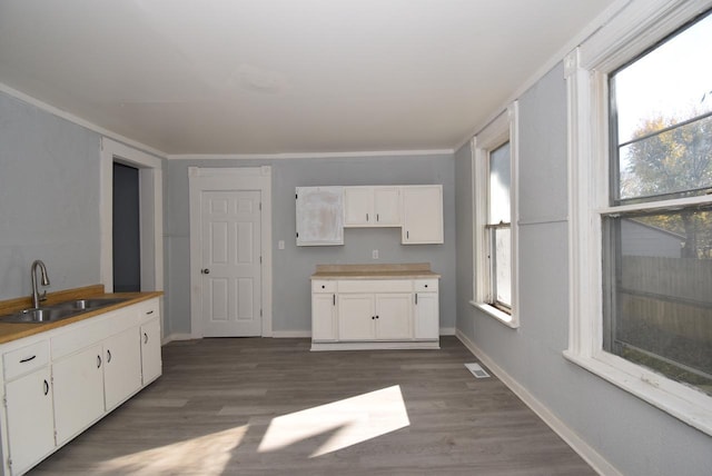 kitchen featuring sink, white cabinets, and dark wood-type flooring