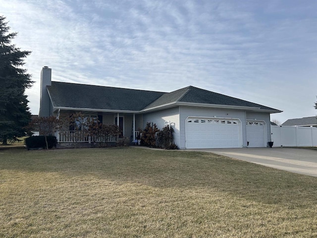 ranch-style house with a porch, a front yard, and a garage