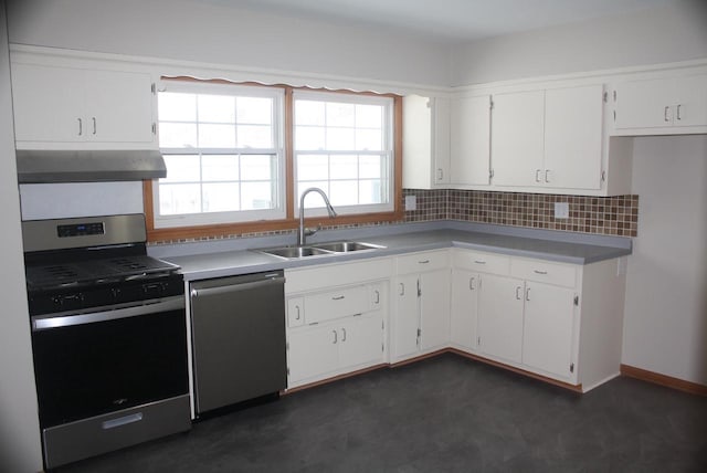 kitchen with white cabinets, sink, tasteful backsplash, stainless steel appliances, and extractor fan