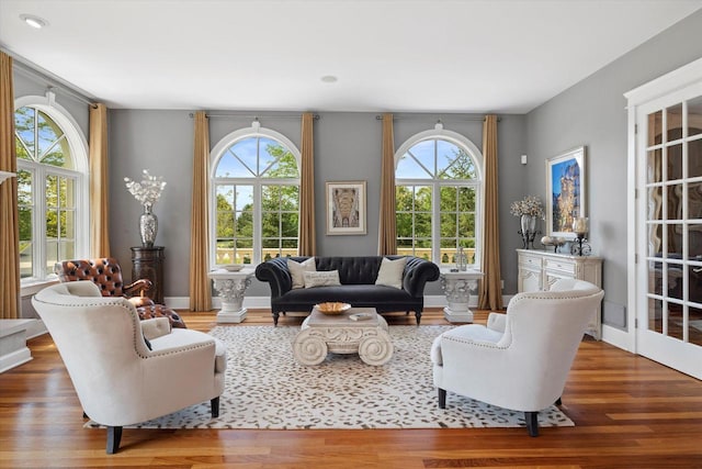 living room with a wealth of natural light, french doors, and hardwood / wood-style flooring