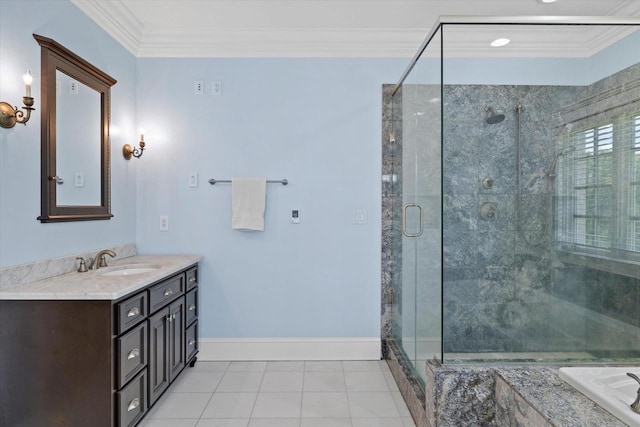 bathroom featuring tile patterned flooring, vanity, walk in shower, and ornamental molding