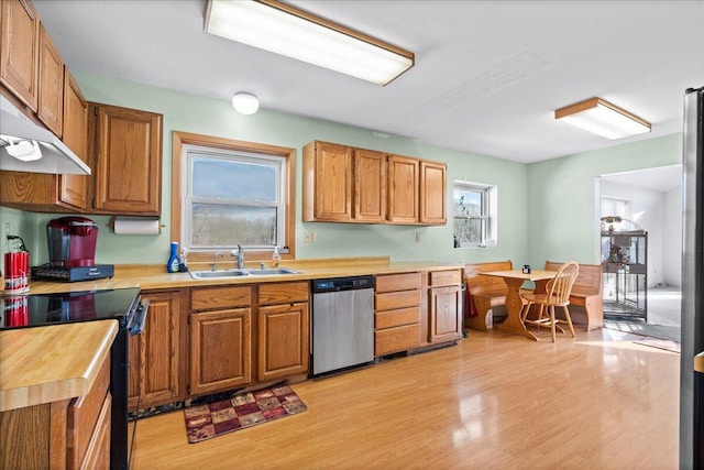 kitchen featuring range with electric cooktop, stainless steel dishwasher, extractor fan, sink, and light hardwood / wood-style flooring