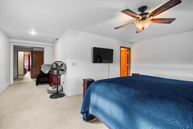 carpeted bedroom with ceiling fan