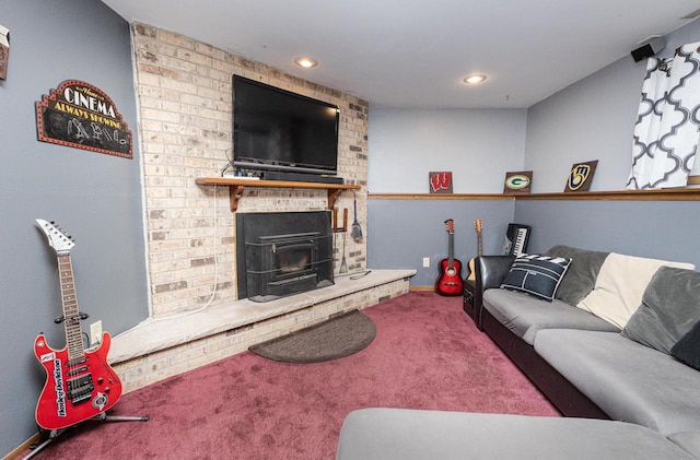 carpeted living room featuring a wood stove