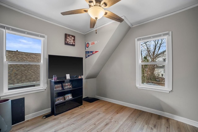 additional living space featuring ceiling fan, light hardwood / wood-style flooring, and lofted ceiling