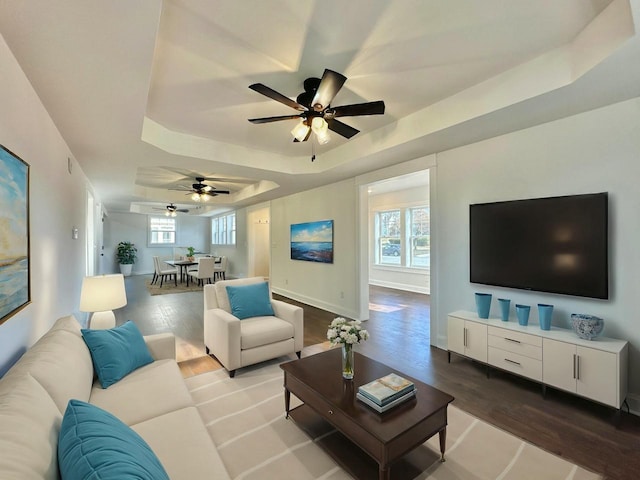 living room with a healthy amount of sunlight, a raised ceiling, and wood-type flooring