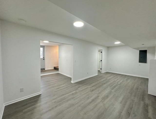 basement featuring hardwood / wood-style floors and electric panel