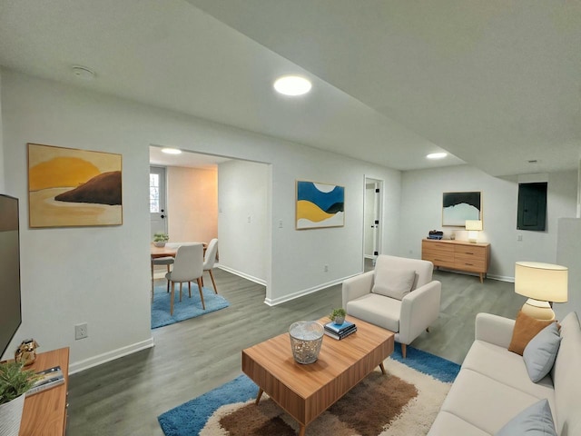 living room with dark hardwood / wood-style floors