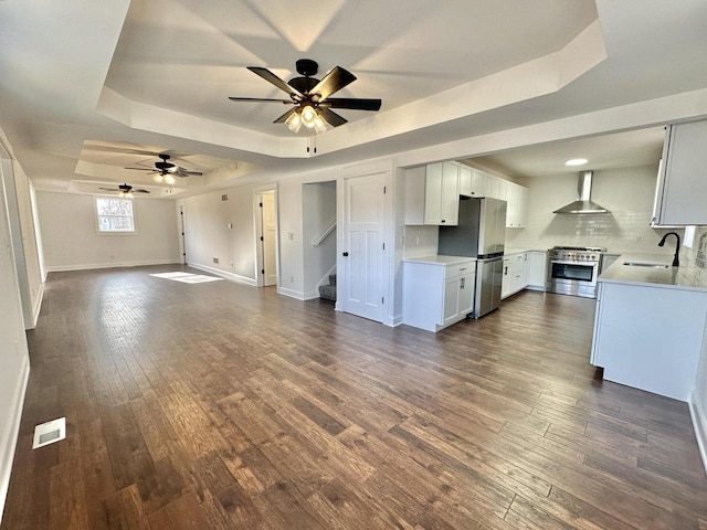 kitchen featuring wall chimney range hood, sink, appliances with stainless steel finishes, and a tray ceiling