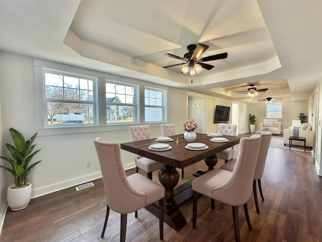 dining area with a raised ceiling, ceiling fan, and dark wood-type flooring