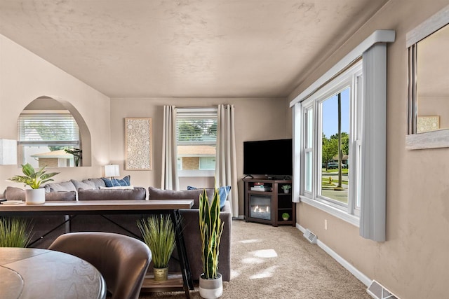 living room with a fireplace and light colored carpet