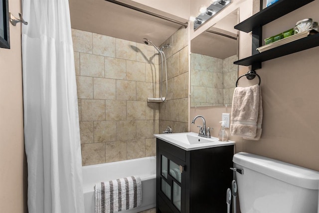 full bathroom with shower / bath combination with curtain, vanity, and toilet