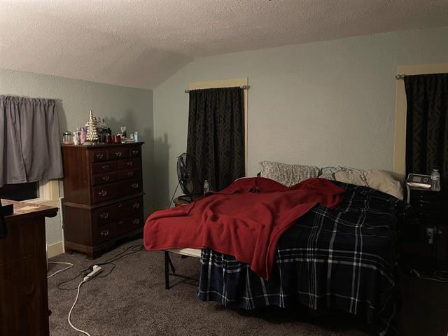 carpeted bedroom with a textured ceiling and vaulted ceiling