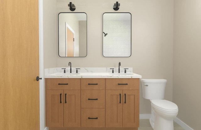 bathroom with a sink, baseboards, toilet, and double vanity