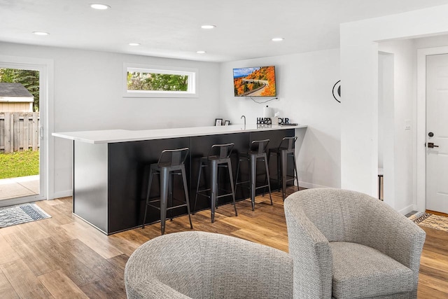 bar featuring a healthy amount of sunlight and light hardwood / wood-style flooring