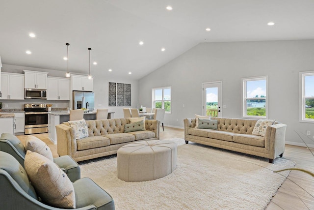 living room featuring light hardwood / wood-style floors and high vaulted ceiling