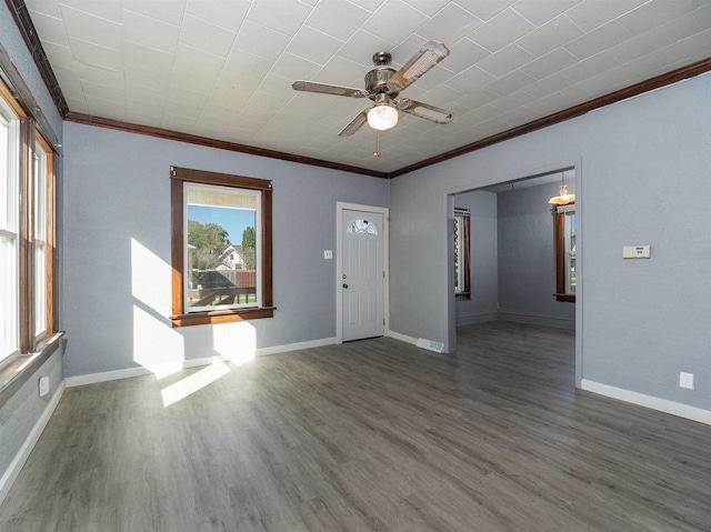 interior space featuring dark hardwood / wood-style floors, ceiling fan, and ornamental molding