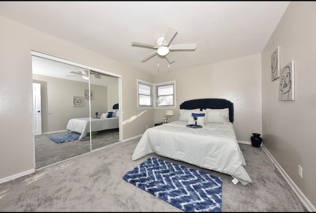 bedroom with carpet flooring, a closet, and ceiling fan