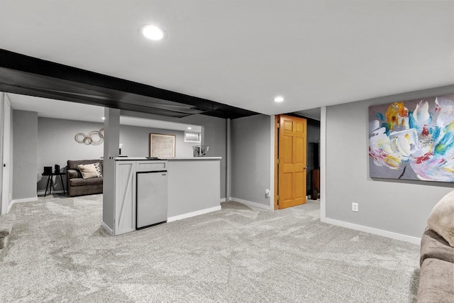 interior space with light colored carpet and built in refrigerator