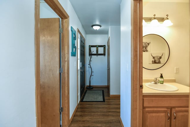 bathroom with vanity and hardwood / wood-style flooring