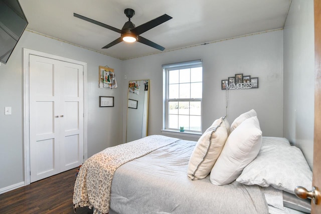 bedroom with ceiling fan and dark wood-type flooring