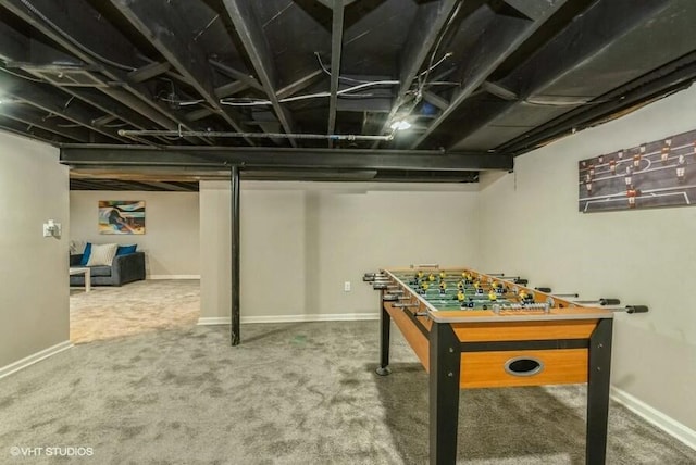 recreation room featuring carpet flooring