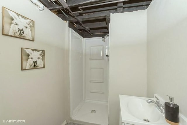 bathroom featuring a shower and vanity