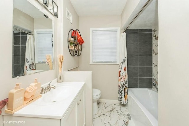 full bathroom featuring vanity, toilet, and shower / bathtub combination with curtain