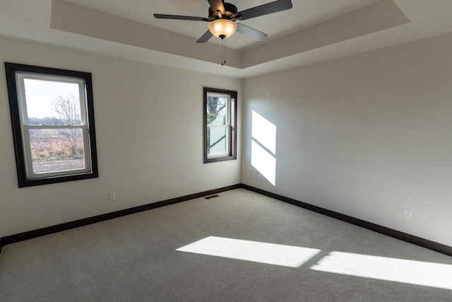 unfurnished room featuring light carpet, a raised ceiling, and ceiling fan