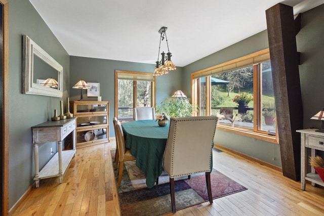 dining area with light hardwood / wood-style flooring and an inviting chandelier