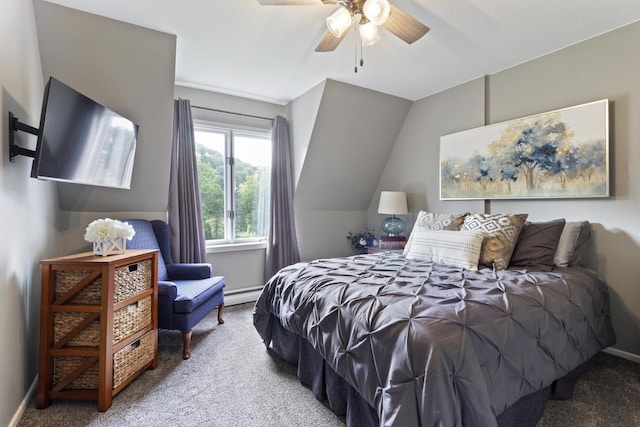 bedroom featuring carpet flooring, baseboard heating, ceiling fan, and lofted ceiling