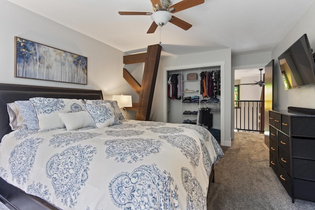 carpeted bedroom featuring a closet and ceiling fan