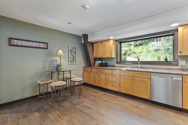 kitchen with light hardwood / wood-style flooring, stainless steel dishwasher, and sink