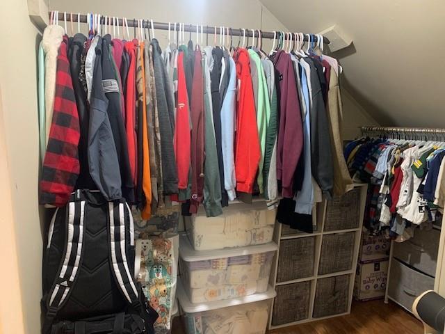 walk in closet featuring hardwood / wood-style floors and lofted ceiling