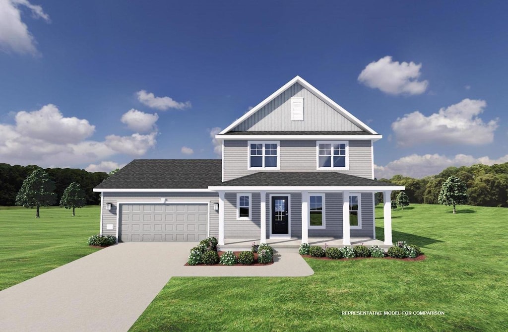 view of front facade with covered porch, a front yard, and a garage