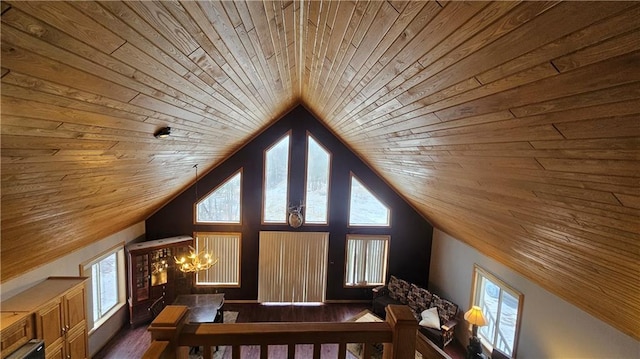 additional living space featuring wood ceiling, dark hardwood / wood-style floors, lofted ceiling, and a chandelier